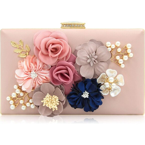 Women's Light Pink Flower Metal Leaves Evening Bride Wedding Floral Clutch Bag - Picture 1 of 9